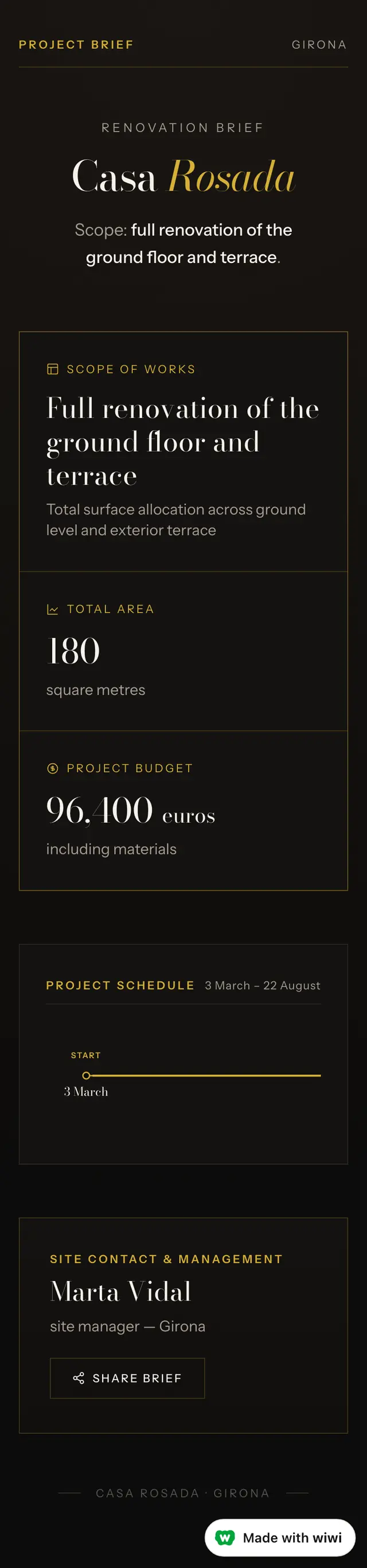 A dark client project brief headed Casa Rosada, with sections for the renovation scope, 180 square metre area, project budget, start and completion dates, and the named site manager.