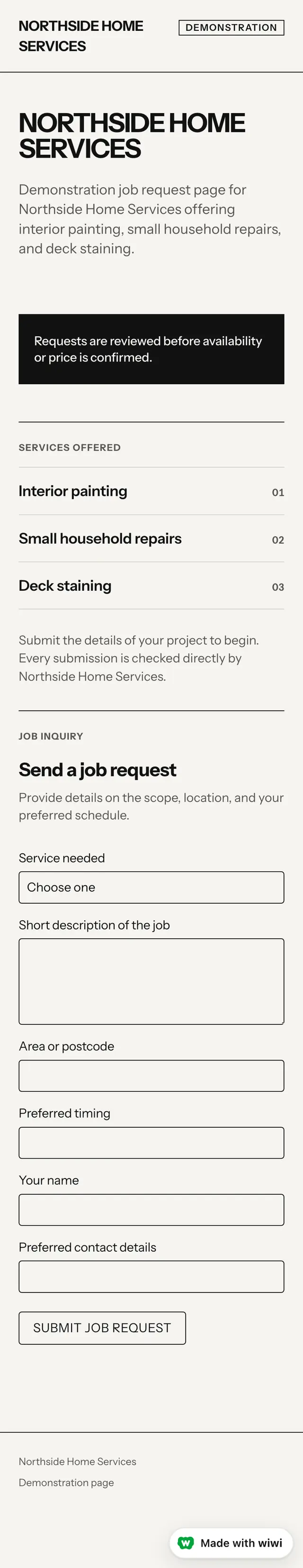 A black-and-cream demonstration page for Northside Home Services listing interior painting, household repairs and deck staining, followed by a job request form and a notice that availability and price are reviewed before confirmation.