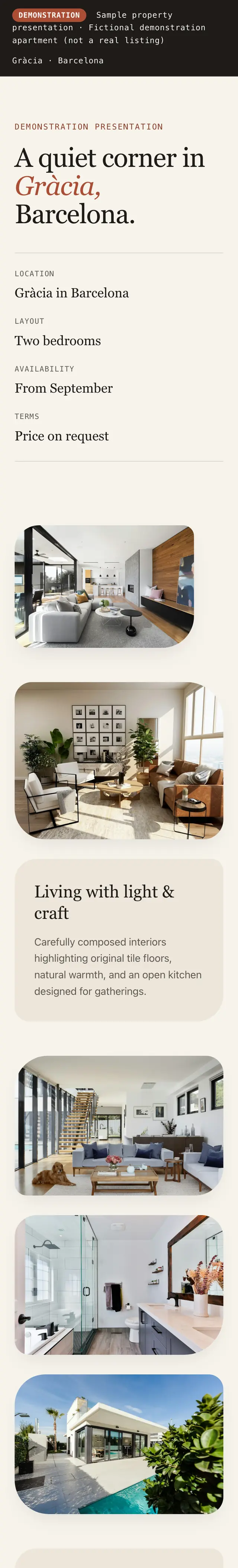 The upper part of a cream demonstration property presentation for a fictional two-bedroom apartment in Gràcia, showing the supplied location, layout, availability and price status above a sequence of interior and exterior photographs.