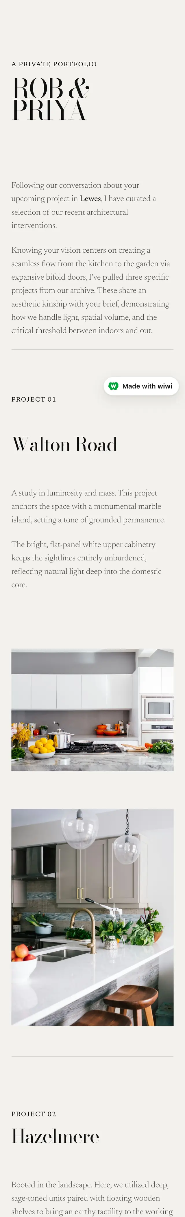 A page headed A Private Portfolio, Rob & Priya, with numbered projects and photographs of finished kitchens.